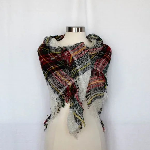 Vintage Tartan Plaid Winter Wrap in White Black Red Green Yellow - Picture 3 of 5